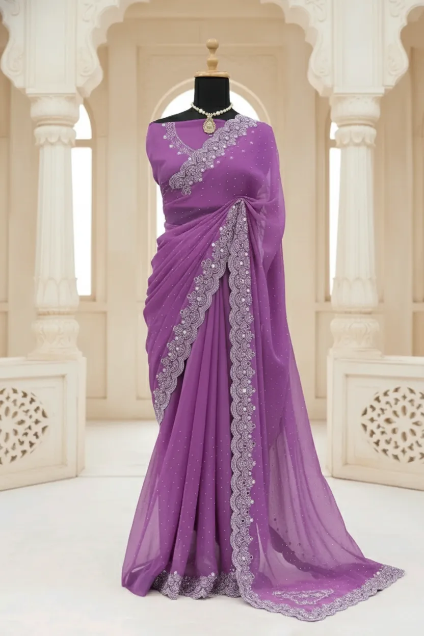 Women’s Bollywood-Inspired Shimmer Saree with Mirror & Siroski Work | Fancy Silk Blouse Piece Included