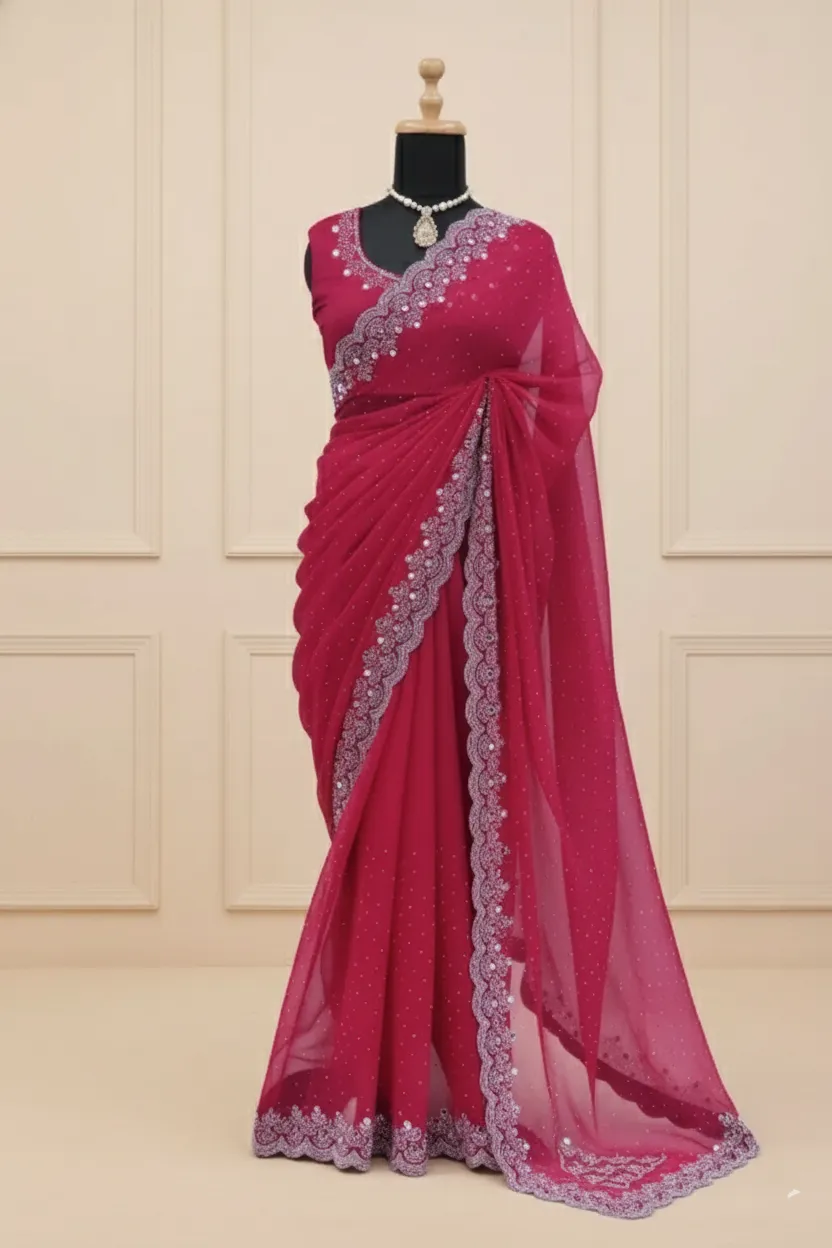 Women’s Bollywood-Inspired Shimmer Saree with Mirror & Siroski Work | Fancy Silk Blouse Piece Included