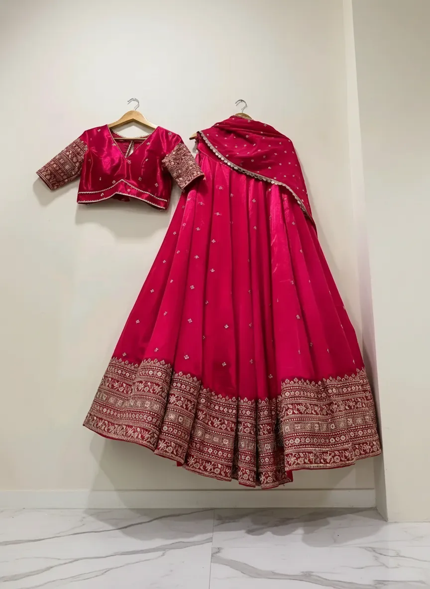 Rani Color Heavy Work Bridal Lehenga Choli for Women | Chinon Silk Wedding Lehenga Set with Dupatta | Embroidered Semi-Stitched Party & Marriage Wear