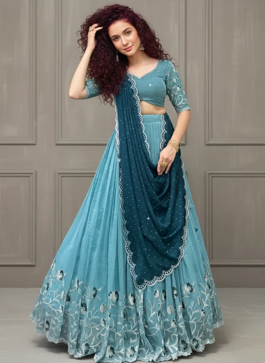 New Latest Embroidered Lehenga Choli with Embellished Dupatta | Viscose Silk Blouse Piece (Unstitched) & Ready-to-Wear Vichitra Silk Lehenga