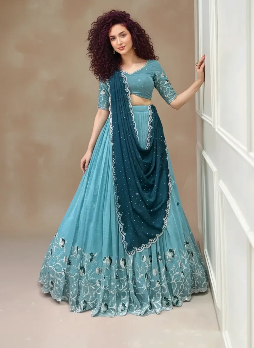 New Latest Embroidered Lehenga Choli with Embellished Dupatta | Viscose Silk Blouse Piece (Unstitched) & Ready-to-Wear Vichitra Silk Lehenga