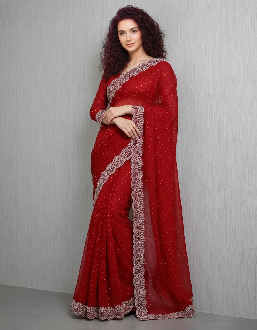 Breads and Stone Work Traditional Fancy Georgette Saree with Embellished Blouse Piece | Party, Wedding & Festive Wear Saree for Women | Premium Designer Indian Saree