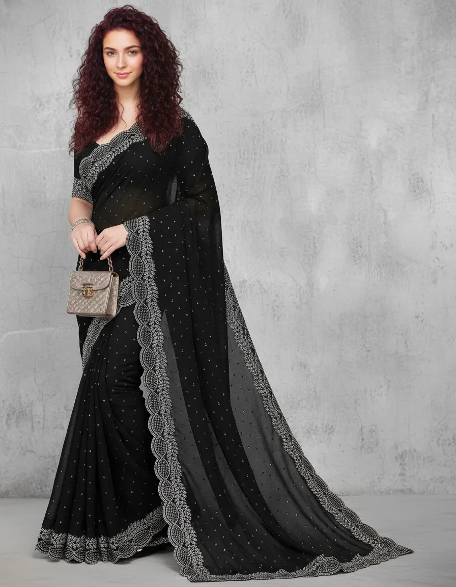 Breads and Stone Work Traditional Fancy Georgette Saree with Embellished Blouse Piece | Party, Wedding & Festive Wear Saree for Women | Premium Designer Indian Saree