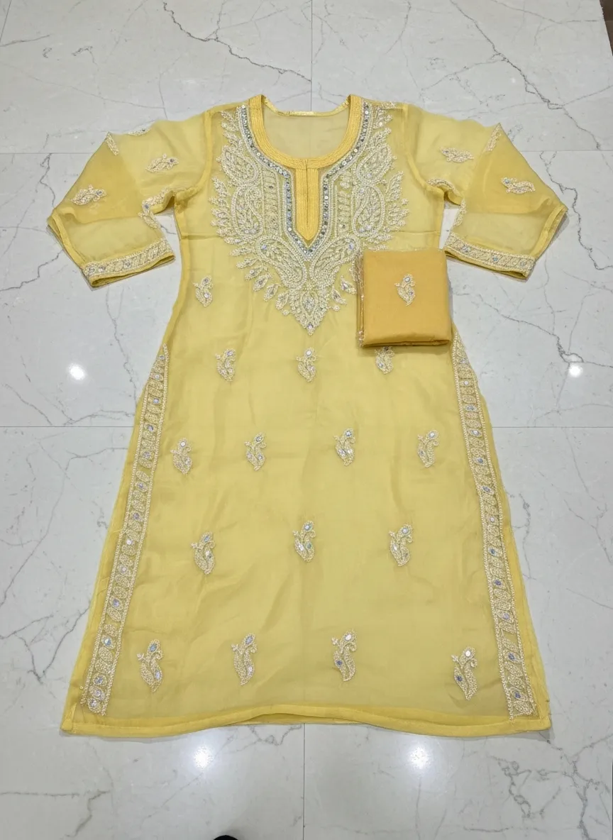 GB Mirror Georgette Chikankari Long Sleeve Kurti for Women