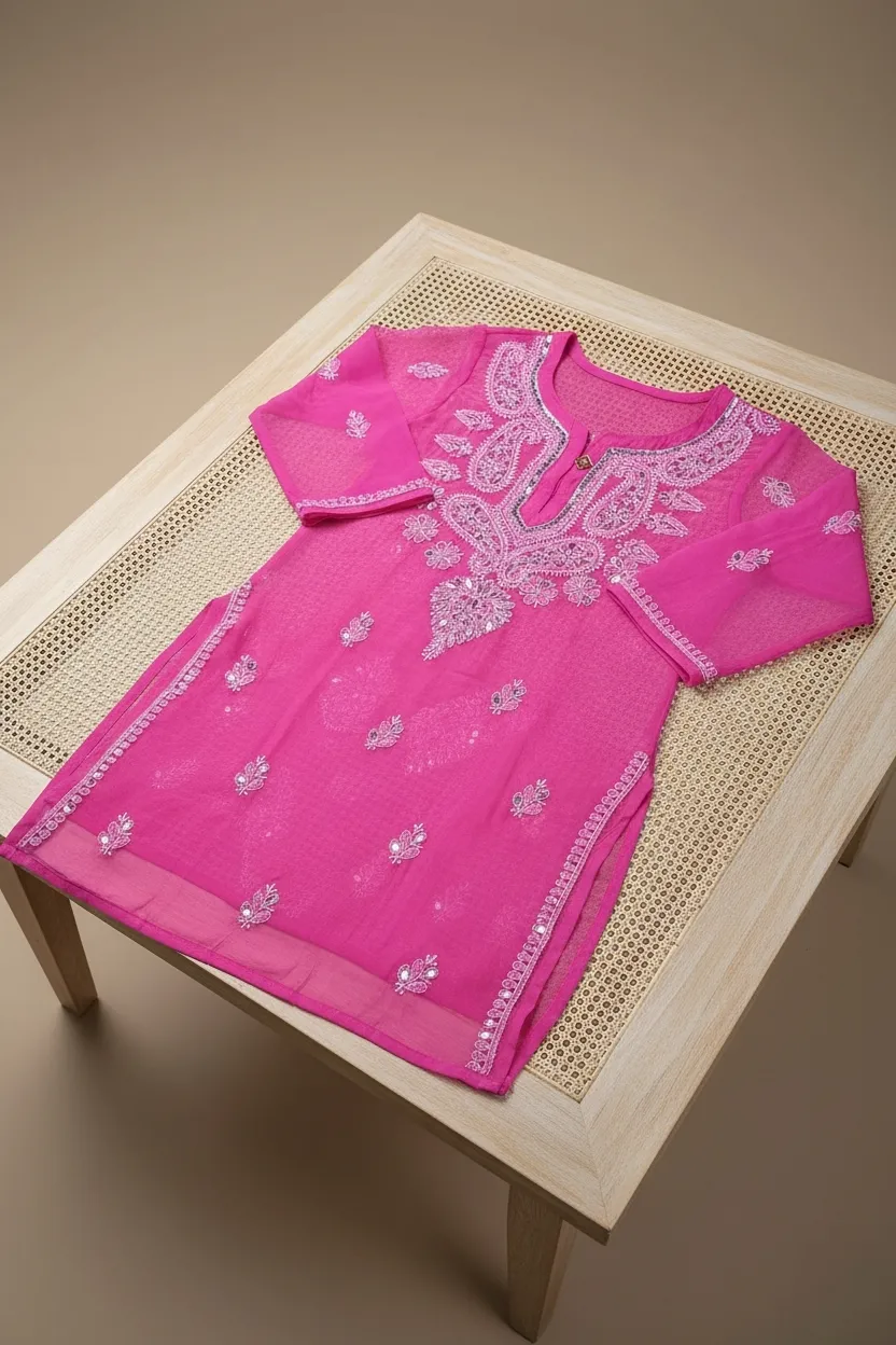 GB Mirror Georgette Chikankari Long Sleeve Kurti for Women