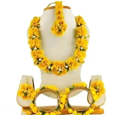 Moti Bridal Yellow Artificial Flower Jewellery Set for Haldi, Turmeric, Mehendi & Baby Shower