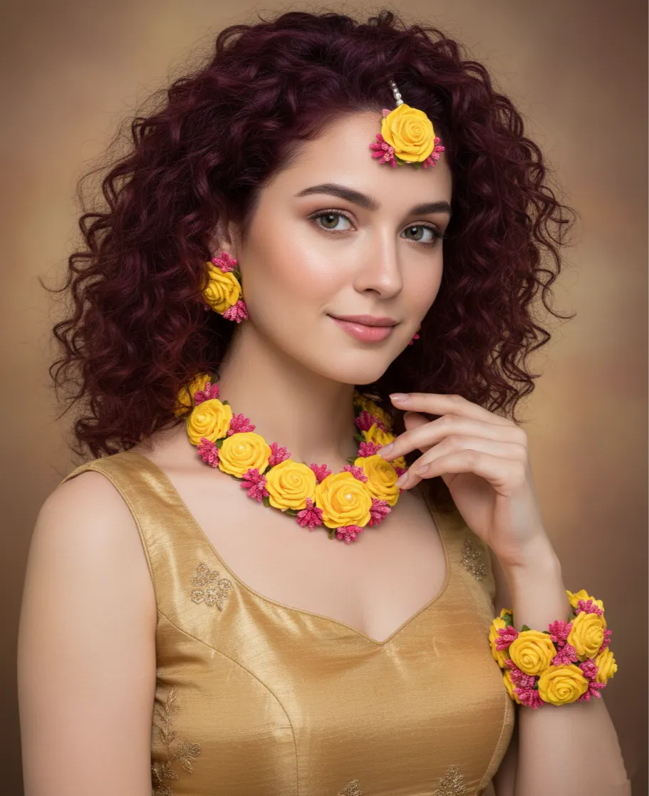 Moti Bridal Yellow Artificial Flower Jewellery Set for Haldi, Turmeric, Mehendi & Baby Shower