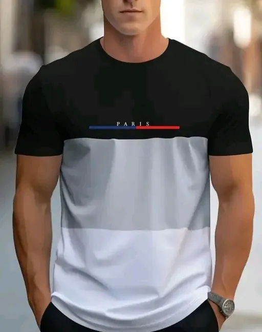Men's Paris Print Color Block Crew Neck Short Sleeve Premium Cotton T-Shirt for All Seasons