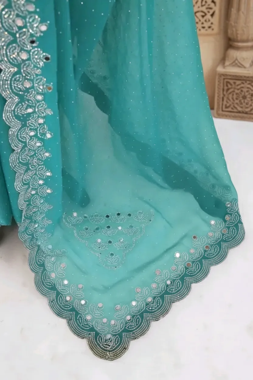 Women’s Bollywood-Inspired Shimmer Saree with Mirror & Siroski Work | Fancy Silk Blouse Piece Included