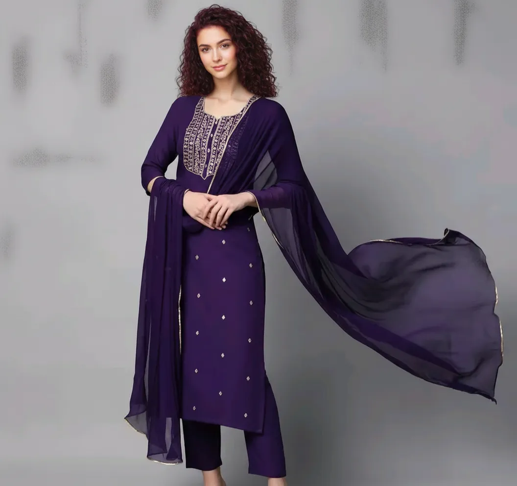 Women’s Violet Cotton Blend Embroidered Straight Kurta Set (With Trouser & Dupatta)
