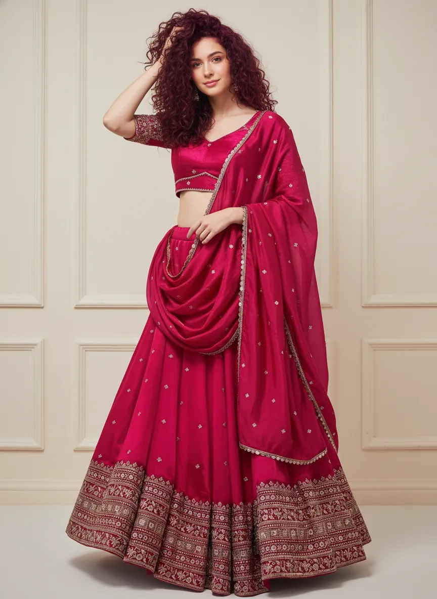 Rani Color Heavy Work Bridal Lehenga Choli for Women | Chinon Silk Wedding Lehenga Set with Dupatta | Embroidered Semi-Stitched Party & Marriage Wear