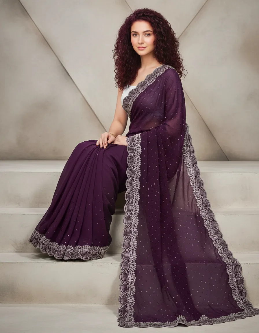Breads and Stone Work Traditional Fancy Georgette Saree with Embellished Blouse Piece | Party, Wedding & Festive Wear Saree for Women | Premium Designer Indian Saree