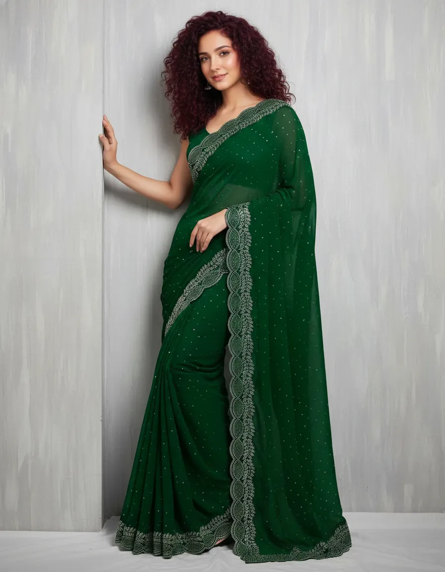 Breads and Stone Work Traditional Fancy Georgette Saree with Embellished Blouse Piece | Party, Wedding & Festive Wear Saree for Women | Premium Designer Indian Saree