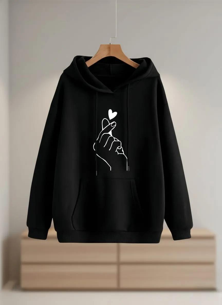 Elegant Winter Fleece Hoodie for Women with Kangaroo Pocket | Trendy & Cozy Printed Hoody