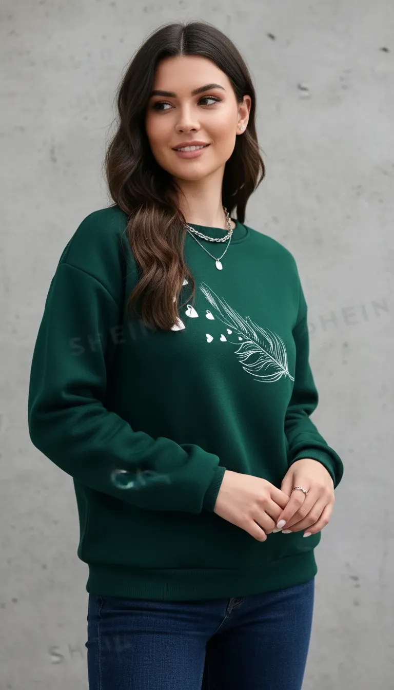 Women’s Printed Fleece Sweatshirt with Long Sleeves and Round Neck