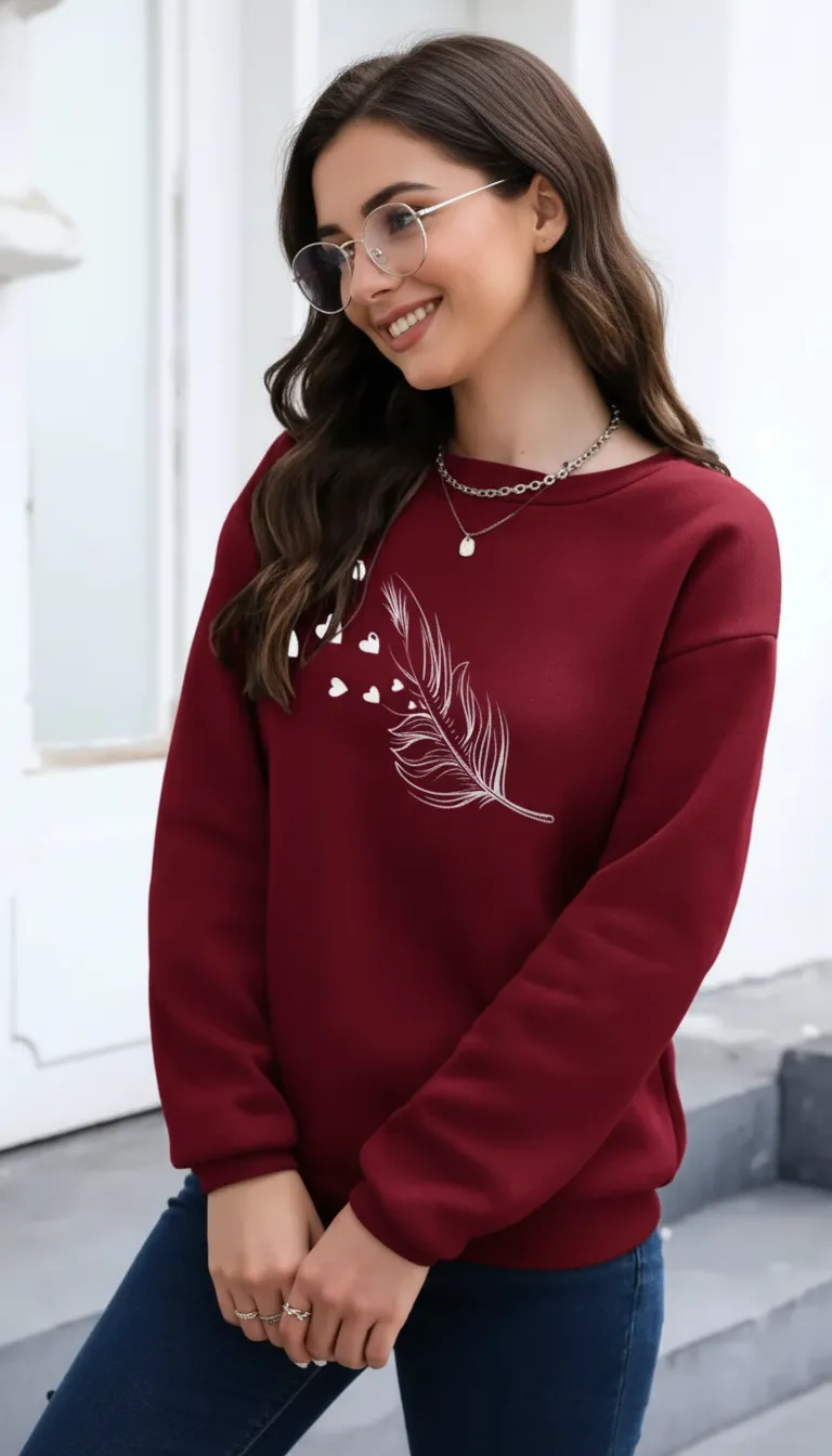 Women’s Printed Fleece Sweatshirt with Long Sleeves and Round Neck