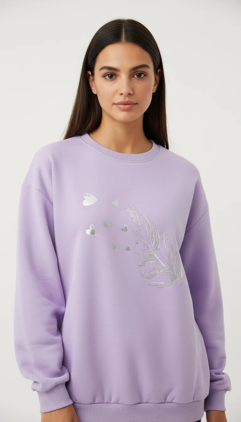 Women’s Printed Fleece Sweatshirt with Long Sleeves and Round Neck
