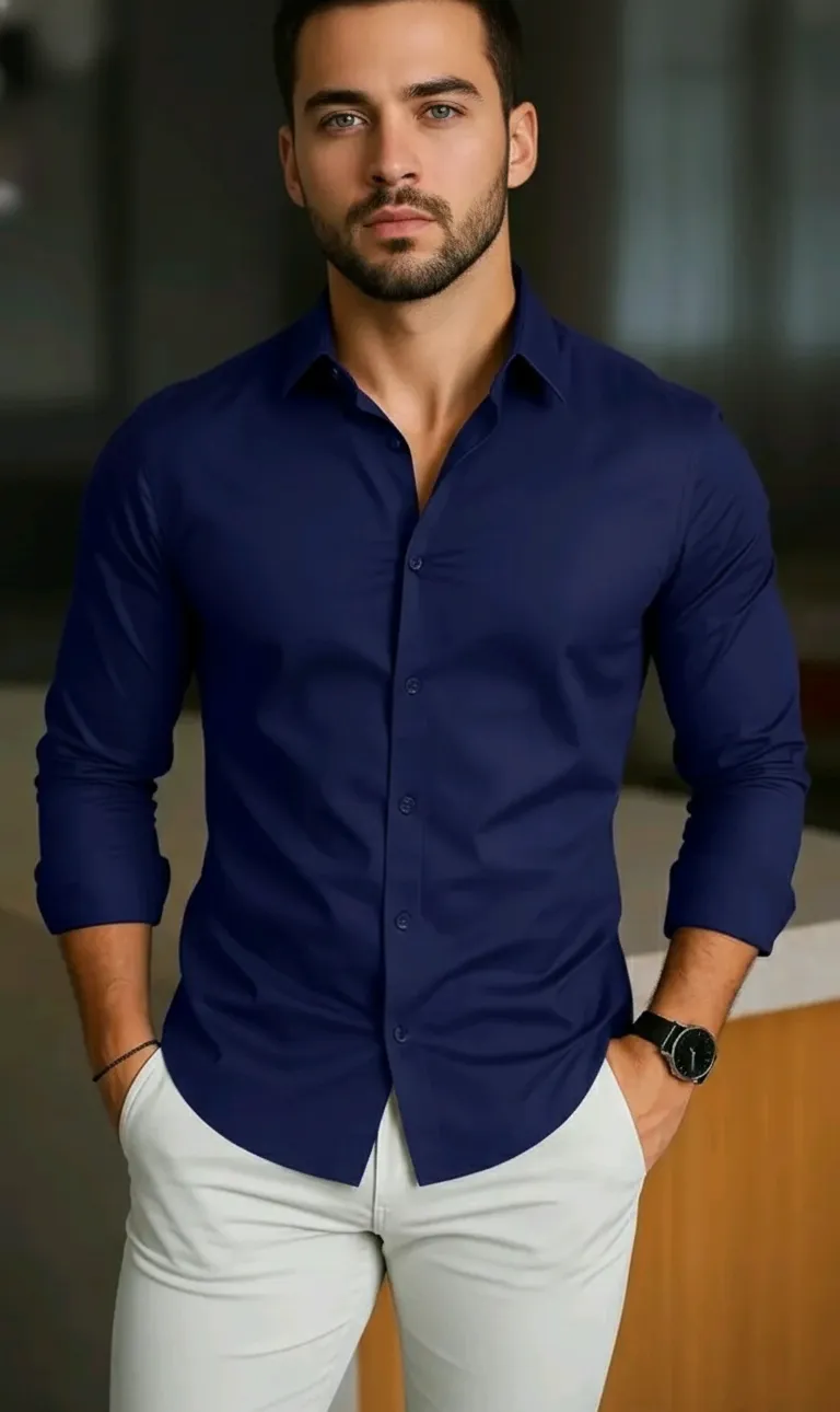 Men’s Solid Slim Fit Casual Shirt – Full Sleeve Cotton Blend Shirt for Daily & Party Wear