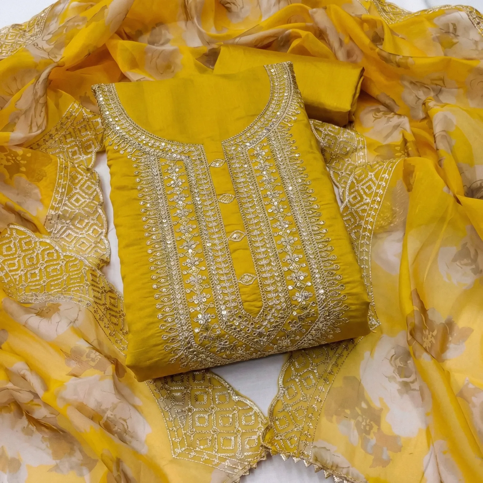 Skyveto Premium Organza Dress Material for Women with Silk Suit, Shantoon Bottom & Embellished Dupatta