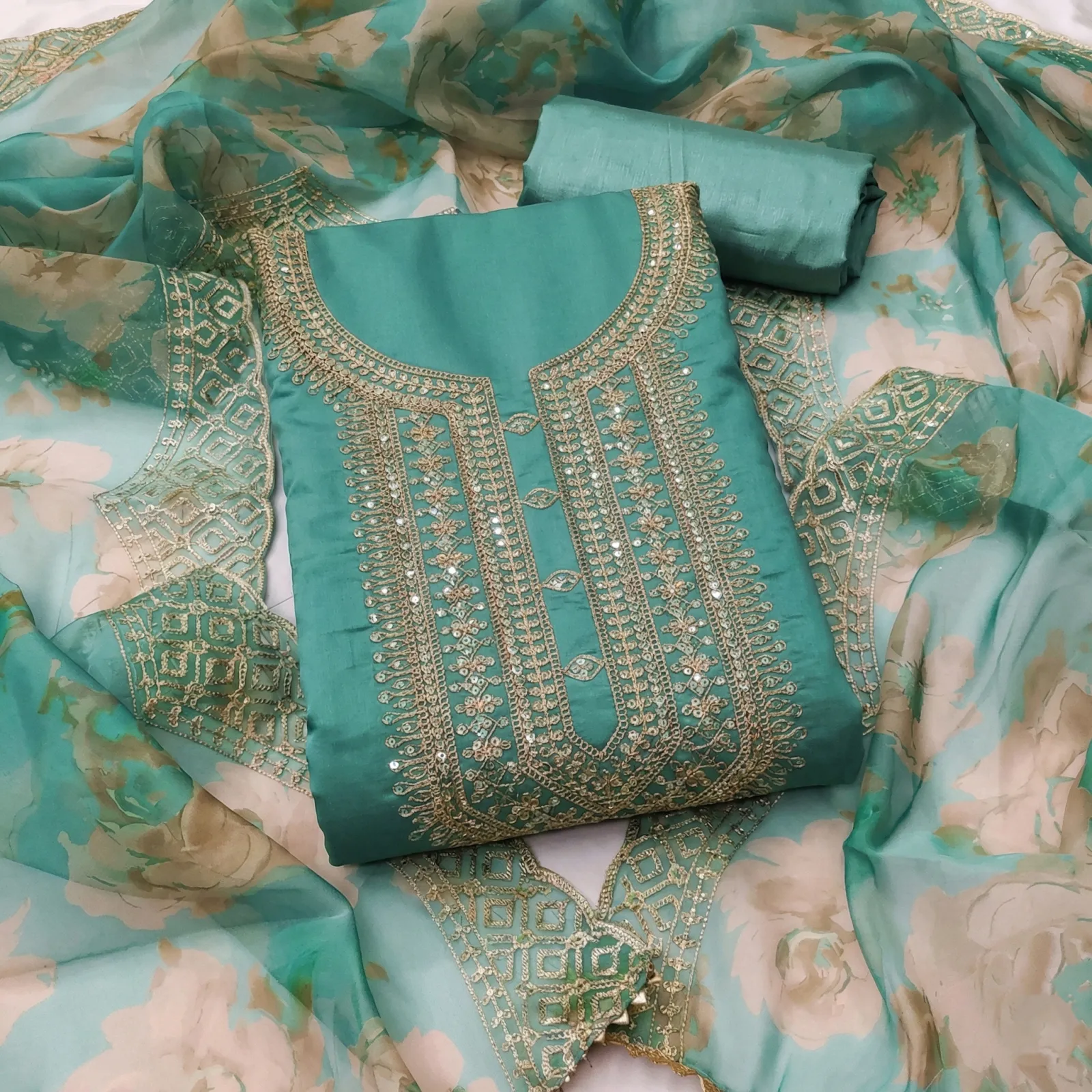 Skyveto Premium Organza Dress Material for Women with Silk Suit, Shantoon Bottom & Embellished Dupatta