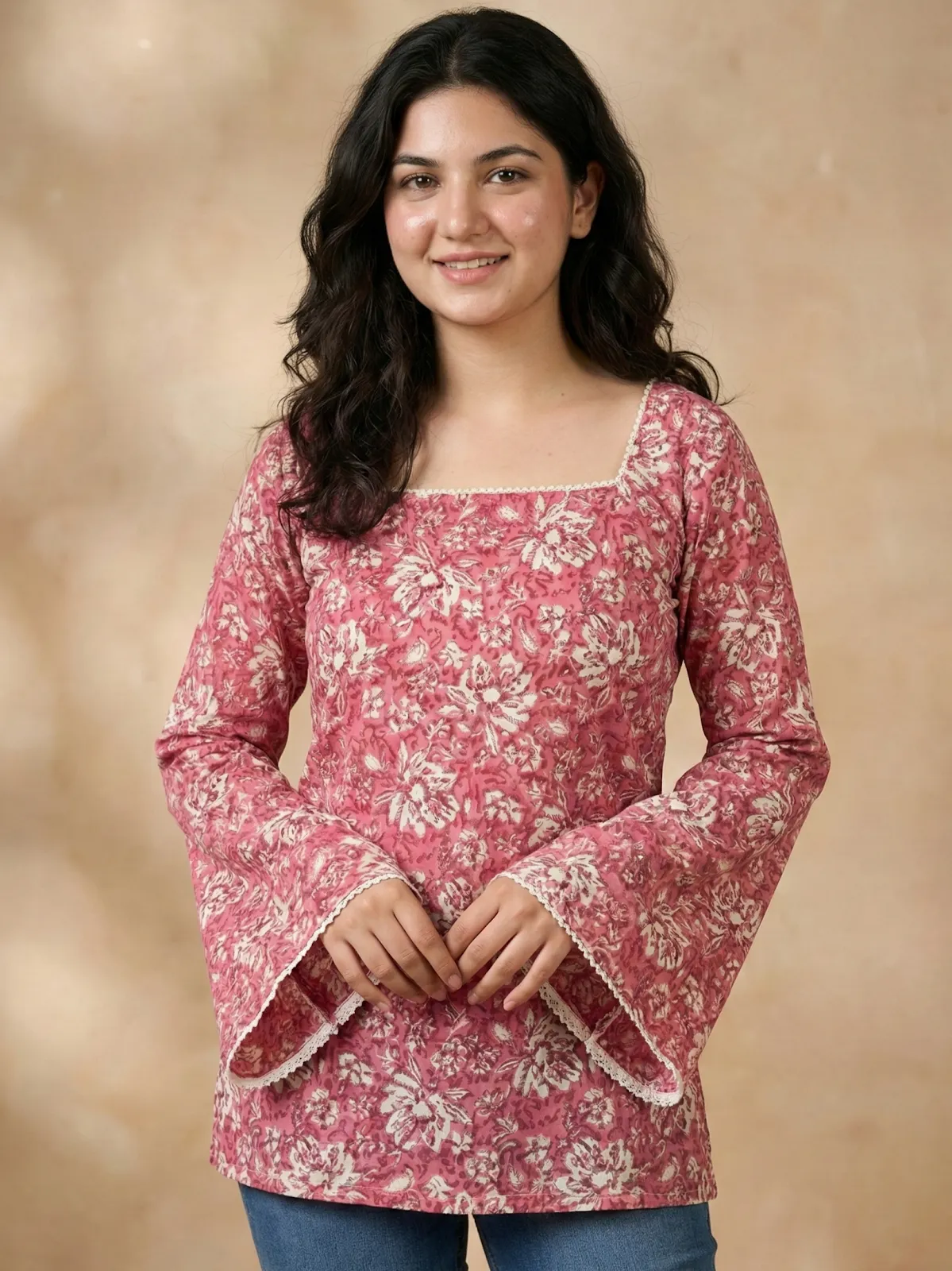 Square Neck Floral Kurti Top – Stylish Summer Pick