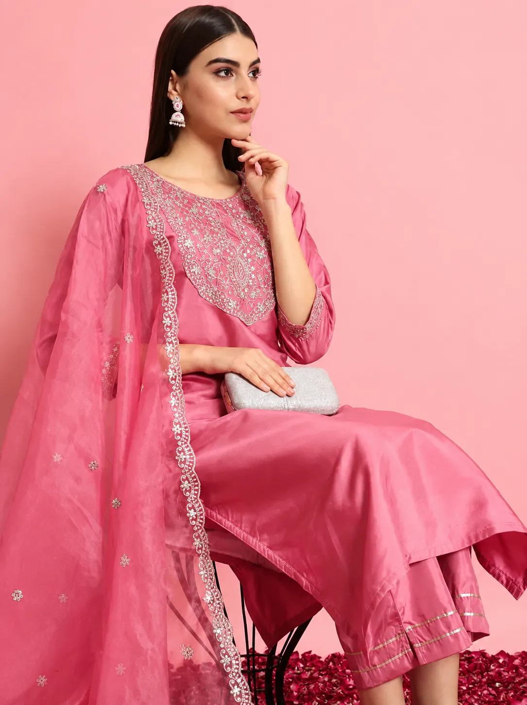 Embroidered Kurta With Dupatta & Pant Set